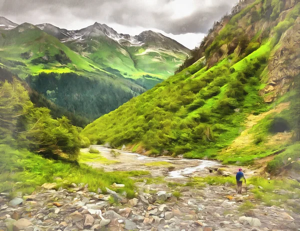 美丽的山水，在高加索山区徒步旅行的游客，彩绘的画看起来像一幅画. — 图库照片