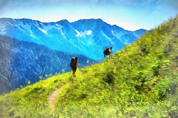 Beautiful mountain landscape with tourists hiking at Caucasus mountains — Stock Photo, Image