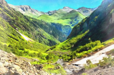 Kafkasya dağlarındaki güzel dağ manzarası renkli tabloya benziyor..