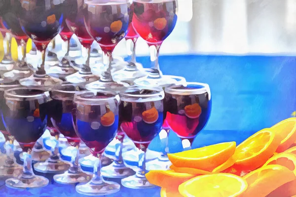 Rodajas de naranjas y gasas de vino servidas una tras otra — Foto de Stock