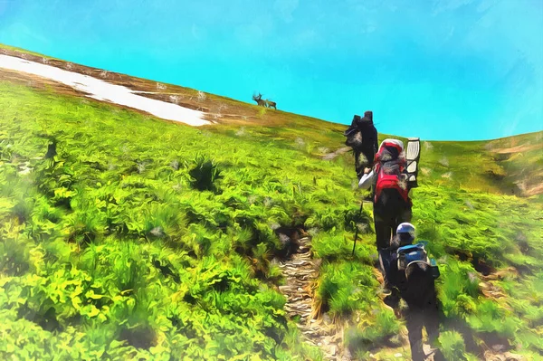 Piękny krajobraz górski z turystami wędrującymi po górach Kaukazu — Zdjęcie stockowe