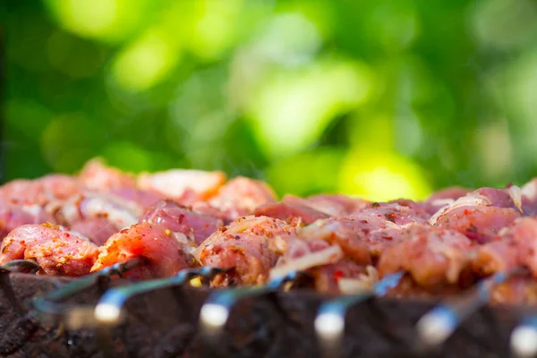 Widok z bliska pieczone mięso prepairing na grilla. — Zdjęcie stockowe