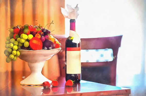 Νεκρή φύση με ένα μπουκάλι κρασί και ένα βάζο με φρούτα να στέκονται στο τραπέζι — Φωτογραφία Αρχείου
