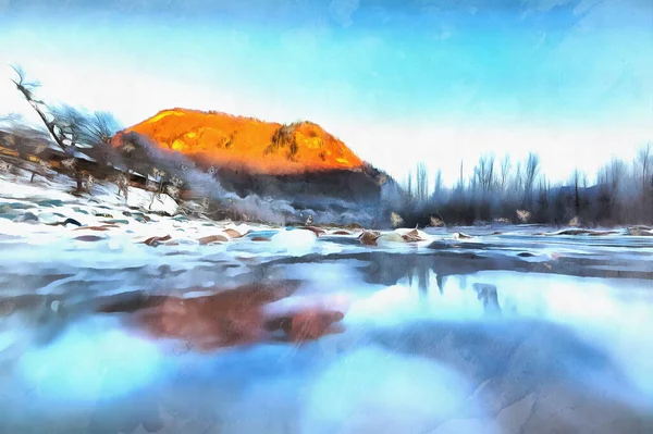 Hermoso paisaje de invierno soleado con el río de hielo y la montaña — Foto de Stock