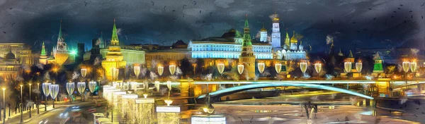 Χειμερινή άποψη στον ποταμό Μόσχα και το Κρεμλίνο πολύχρωμη ζωγραφική — Φωτογραφία Αρχείου