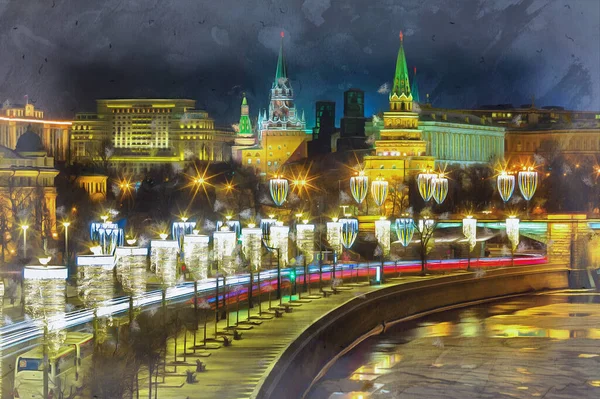 Vista de inverno em Moscou Rio e Kremlin pintura colorida — Fotografia de Stock