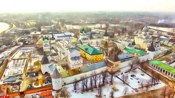 다채 로운 색상의 옛 러시아 정교회 수도원을 가로지르는 드론 — 스톡 사진