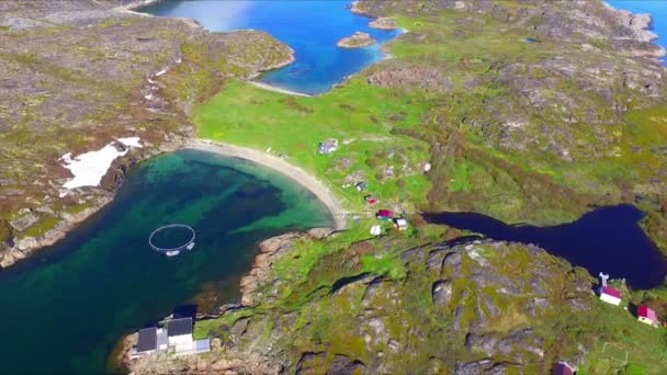 Vue du drone sur le magnifique paysage d'été arctique sur la rive de la mer de Barents — Video