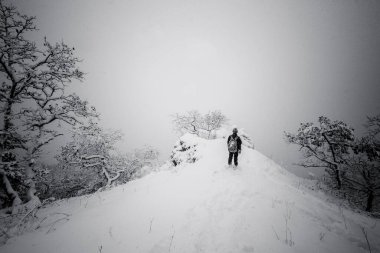 Karlı dağ ormanlarında duran Yong turisti..