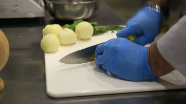 Kuchaři ruce krájení cibule zavřít pohled. — Stock video