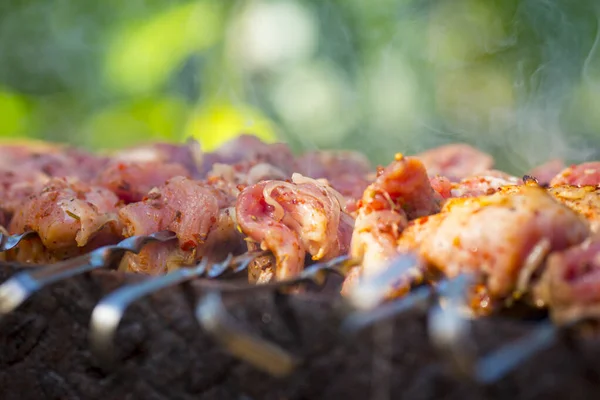 Detailní pohled na pečené maso připravované na grilu. — Stock fotografie