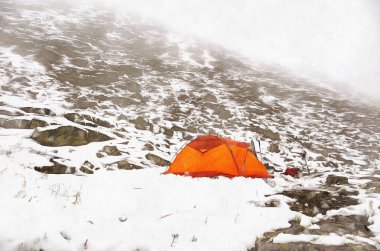 Kutup Uralları 'nda turistik çadırı olan güzel dağ manzarası