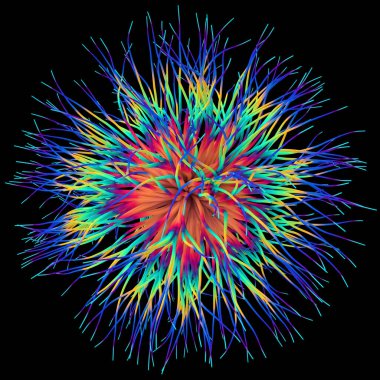 Siyah zemin üzerindeki bir virüs gibi üç boyutlu nesnenin üç boyutlu çizimi.