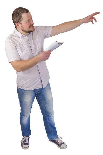Homem com guia livro em uma mão sobre fundo branco — Fotografia de Stock
