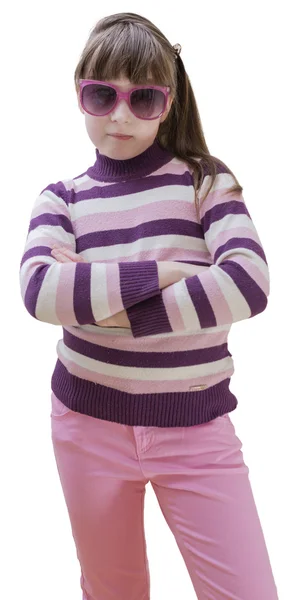 Gadis remaja berbaju pink memakai kacamata hitam dengan latar belakang putih. — Stok Foto