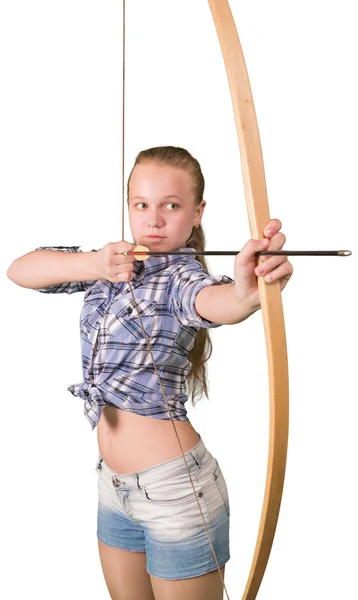 Teen girl practicing archery isolated on white — Stock Photo, Image