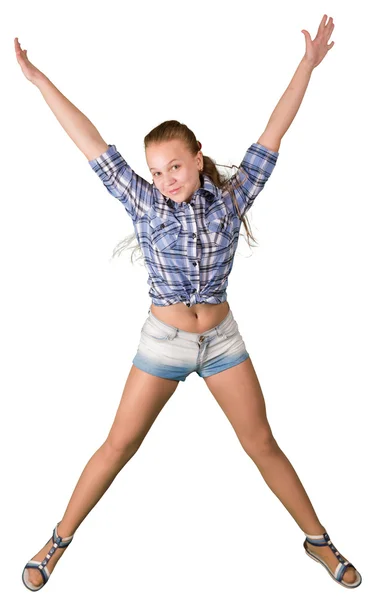 Teen girl in shorts jumping isolated on white background — Stock Photo, Image