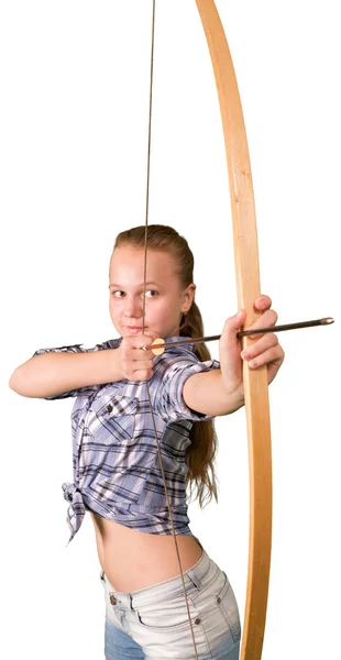 Teen girl practicing archery isolated on white background — Stock Photo, Image