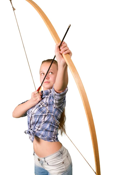 Adolescente pratiquant tir à l'arc isolé sur fond blanc — Photo