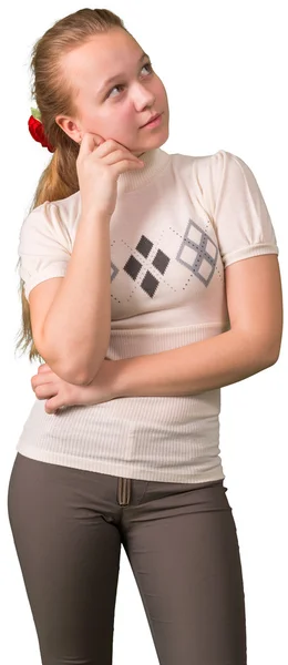 Teen girl thinking something about isolated on white background — Stock Photo, Image