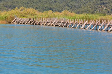 Göl kenarındaki ahşap bariyer