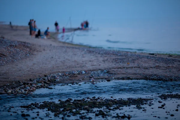 Ночное побережье с группой рыбаков на заднем плане — стоковое фото