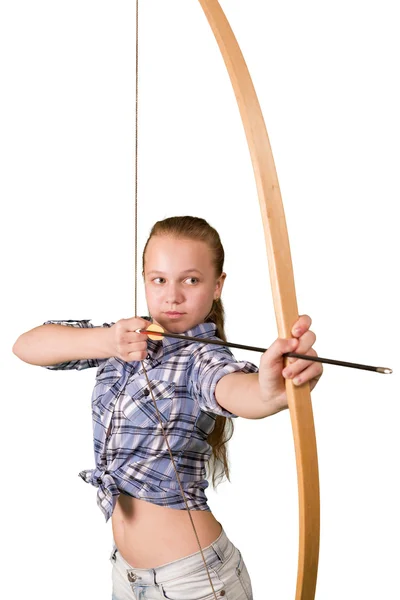 Adolescente chica practicando tiro con arco aislado sobre fondo blanco — Foto de Stock