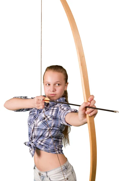 Adolescente pratiquant tir à l'arc isolé sur fond blanc — Photo