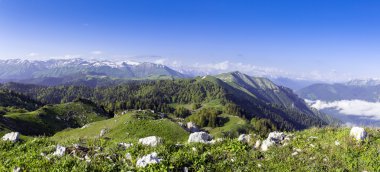 Yeşil tepeler ve dağlar çayır dağ gökyüzü