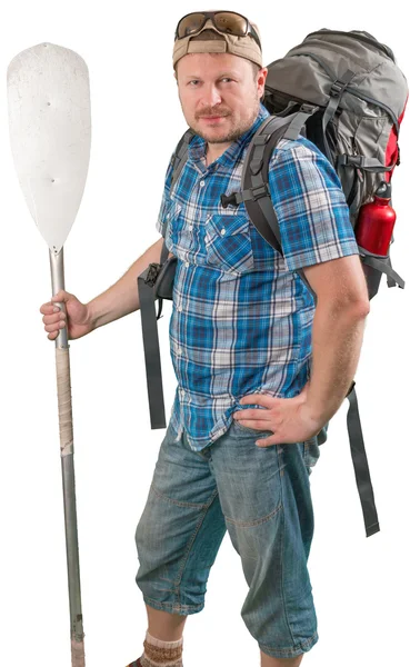 Homem turístico com mochila e remo — Fotografia de Stock