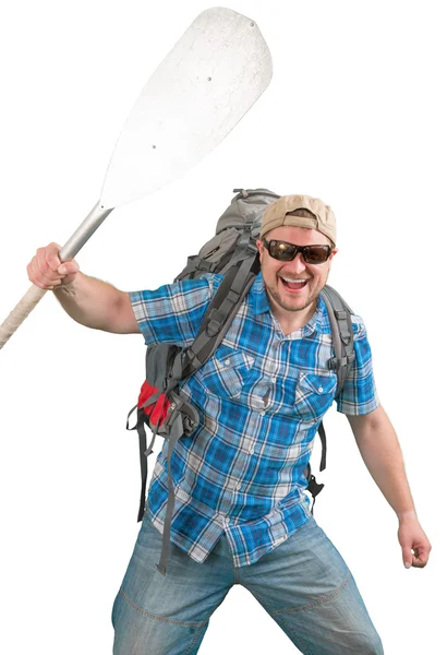 Homem turístico com mochila e remo — Fotografia de Stock