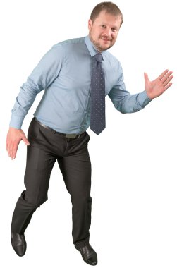 Orta yaşlı işadamı beyaz arka plan üzerinde hareket