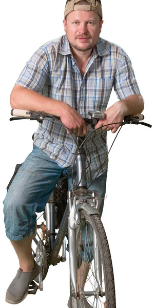 Beyaz zemin üzerinde bir bisiklet ile ayakta turist adam — Stok fotoğraf
