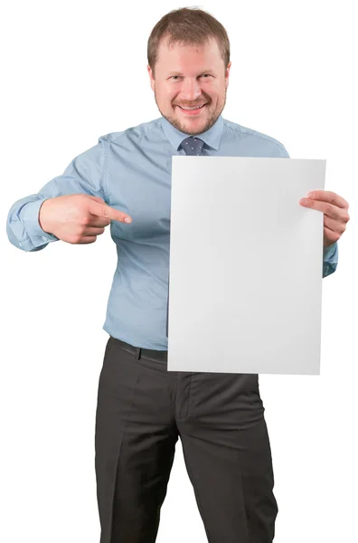 Middle-aged businessman standing with blank list of paper on white background — Stock Photo, Image