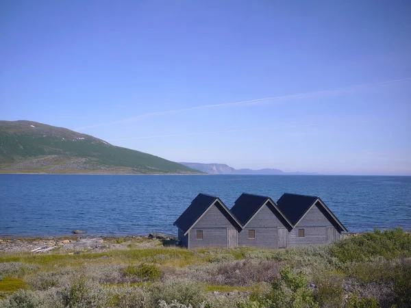Three Small Houses Arctic Circle Scandinavia — 스톡 사진