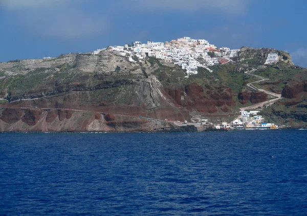 White Buildings Santorini Island View Blue Aegean Sea Bluesky — Stock Photo, Image