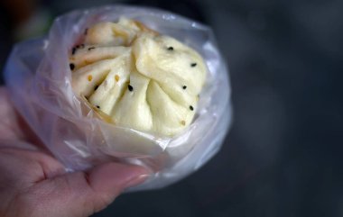 Otantik Tayvanlı Sheng Jian Bao ya da tavada kızarmış domuz çöreği, yumuşak mayalanmış altın kaplama hamurlu. Bu popüler Taipei sokak yemekleri sulu domuz eti, taze yeşil soğan ve aromatik zencefille dolu. Üzerine siyah susam tohumları serpiştirilmiş.