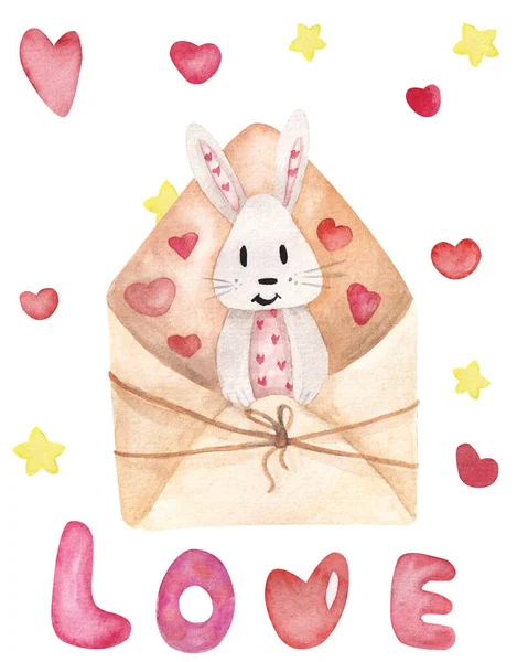 Illustration Aquarelle Lapin Dans Une Enveloppe Avec Des Cœurs Inscription — Photo