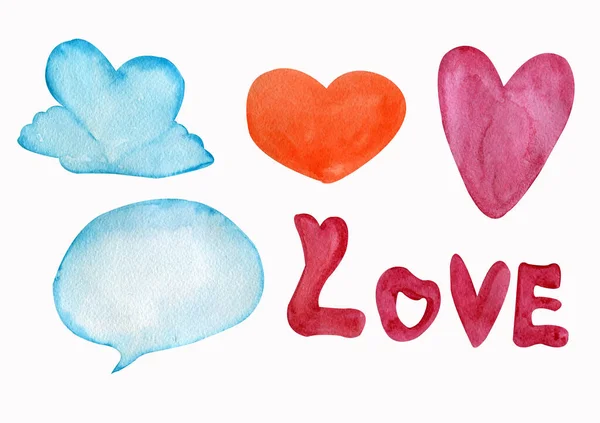 Set Acuarelă Elemente Decorative Simboluri Ziua Îndrăgostiților Inimi Valentine Litere — Fotografie, imagine de stoc