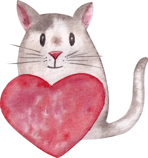 Odizolowany Akwarela Ilustracja Kot Sercem Cute Szary Uśmiechnięty Kot Trzyma — Zdjęcie stockowe