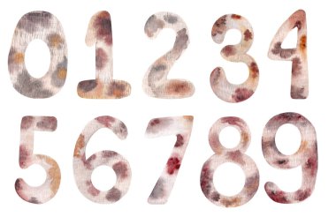 Beyaz arkaplandaki orijinal sayı dizisi 0-9 suluboya desenli. Tebrik kartları, çocuk kitapları, doğum günü davetiyeleri, dekorasyonlar için kullanılabilir..