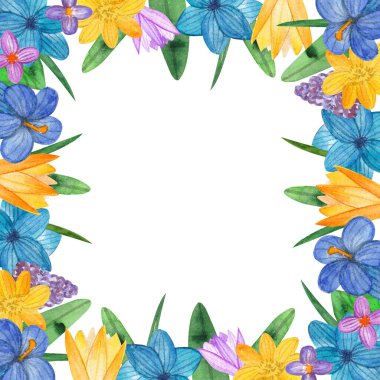 Suluboya ile boyanmış narin bahar çiçeklerinden oluşan kare bir çerçeve. Davetiyeler, kartpostallar, kartvizitler ve sosyal medya paylaşımları için suluboya çerçeve
