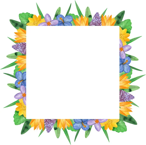 Square Frame Delicate Spring Flowers Painted Watercolor Watercolor Floral Frame — Stock Photo, Image