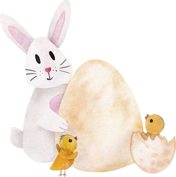 Υδατογραφία Εικονογράφηση Πασχαλινό Λαγουδάκι Κοτόπουλα Και Ένα Αυγό Ζωγραφισμένοι Χαρακτήρες — Φωτογραφία Αρχείου