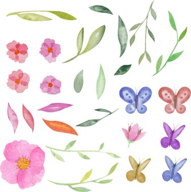 Sulu boya ile boyanmış renkli kelebekler, çiçekler ve yapraklar. Düğün kartı tasarımı, böcek, çiçek pankartı. Alışılmadık popüler mücevher tasarımı.