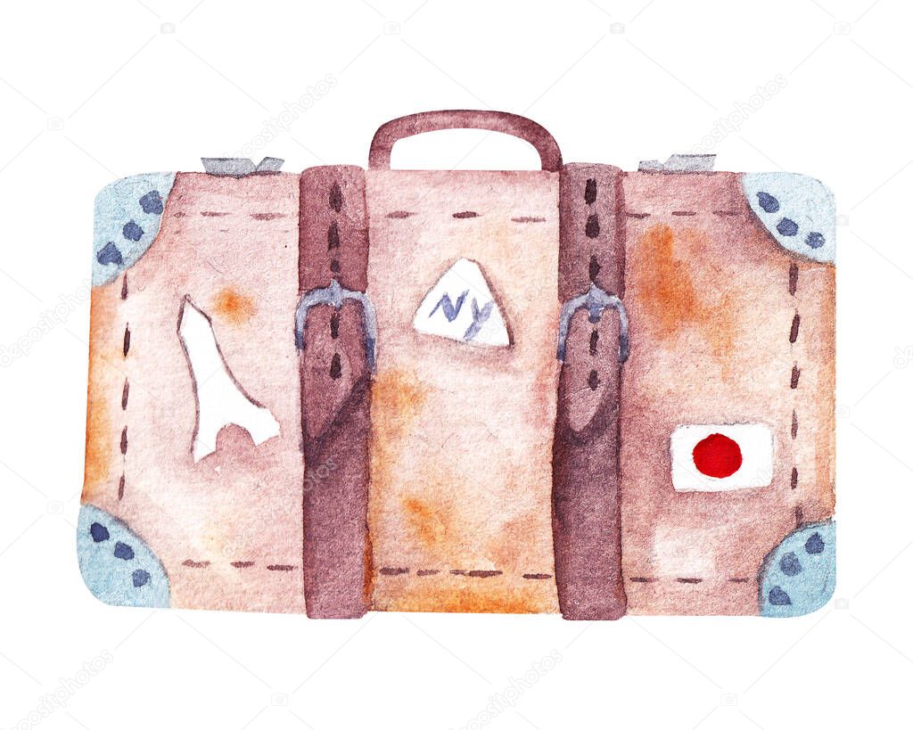 travel suitcase isolated on white background. watercolor illustration of brown suitcase with handle, straps and travel stickers. Travel bag