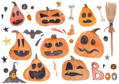 Cadılar Bayramı elementlerinin suluboya seti. Parlak el çizilmiş elementler, balkabakları, sonbahar yaprakları, kemikler, yarasa, yıldızlar, süpürge ve cadı şapkası.