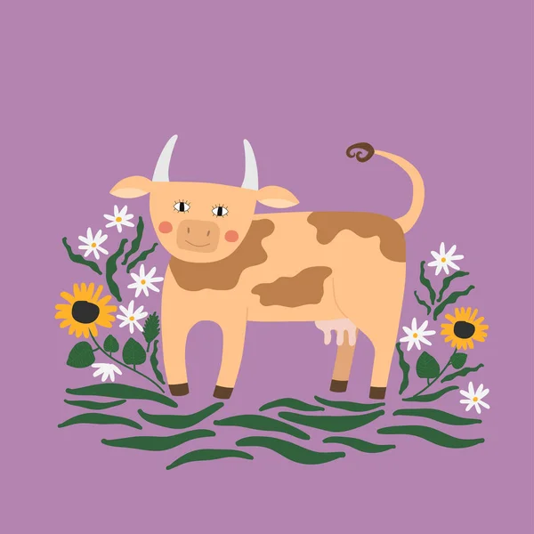 Vaca divertida con elementos decorativos. Flores y hojas — Archivo Imágenes Vectoriales