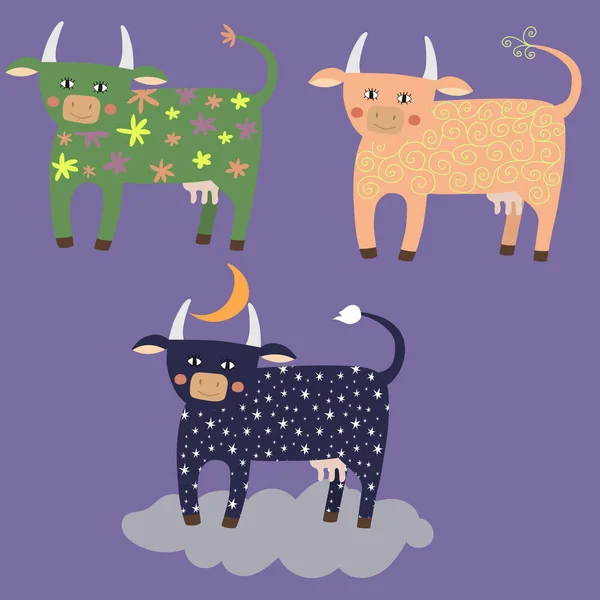 Ensemble de vaches fantastiques avec des motifs colorés — Image vectorielle