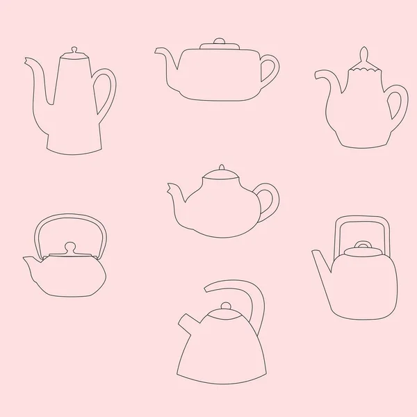 Teapot silouette collection. Contour drawing — Stock Vector